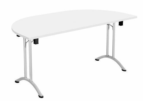 OUFT1680DENDSVWH | The One Union D-End Folding Table is a versatile piece of furniture that is perfect for multi-functional rooms where space is at a premium. The D-End shaped tilting table allows for easy adjustment with manual adjustment thumb wheels to tilt the top to the desired angle. The table is also mobile, thanks to the lockable castors, making it easy to move around as needed. When not in use, the table can be nested away for space saving. This table is ideal for use in offices, schools, or any space where flexibility and functionality are key. With its durable construction and sleek design, the One Union D-End Folding Table is a great investment for any space.