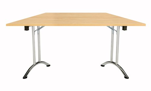OUFT1680TRAPCRNO | The One Union Trapezoidal Folding Table is the perfect addition to any multi-functional room where space is at a premium. Its rectangular shaped tilting table can be adjusted with manual adjustment thumb wheels, making it easy to customize the angle to your needs. The table's sturdy secure feet ensure that it stays in place, even during heavy use. And when not in use, it can be nested away for space-saving convenience. This mobile table is perfect for classrooms, conference rooms, and more. With the One Union Trapezoidal Folding Table, you'll have a versatile and durable workspace that can adapt to your needs.
