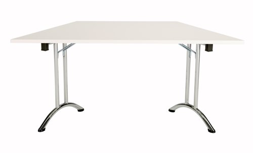 OUFT1680TRAPCRWH | The One Union Trapezoidal Folding Table is the perfect addition to any multi-functional room where space is at a premium. Its rectangular shaped tilting table can be adjusted with manual adjustment thumb wheels, making it easy to customize the angle to your needs. The table's sturdy secure feet ensure that it stays in place, even during heavy use. And when not in use, it can be nested away for space-saving convenience. This mobile table is perfect for classrooms, conference rooms, and more. With the One Union Trapezoidal Folding Table, you'll have a versatile and durable workspace that can adapt to your needs.