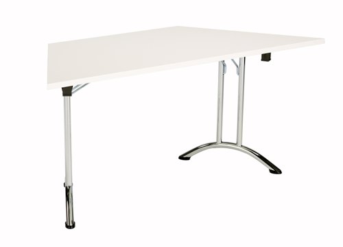 OUFT1680TRAPCRWH | The One Union Trapezoidal Folding Table is the perfect addition to any multi-functional room where space is at a premium. Its rectangular shaped tilting table can be adjusted with manual adjustment thumb wheels, making it easy to customize the angle to your needs. The table's sturdy secure feet ensure that it stays in place, even during heavy use. And when not in use, it can be nested away for space-saving convenience. This mobile table is perfect for classrooms, conference rooms, and more. With the One Union Trapezoidal Folding Table, you'll have a versatile and durable workspace that can adapt to your needs.