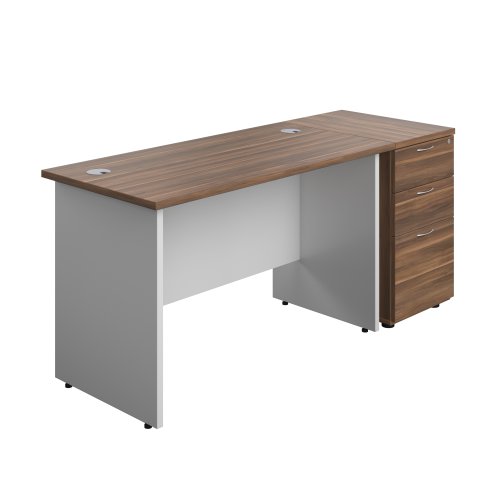 Panel Plus Rectangular Desk + Matching 3 Drawer Desk High Pedestal Bundle (FSC) 600 Pedestal 1200X600 Dark Walnut/White