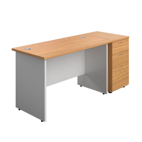 Panel Plus Rectangular Desk + Matching 3 Drawer Desk High Pedestal Bundle (FSC) 600 Pedestal 1200X600 Nova Oak/White