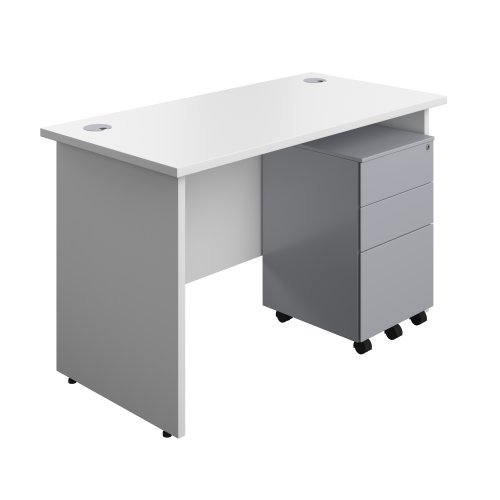 Panel Rectangular Desk + 3 Drawer Steel Pedestal Bundle (FSC) 1200X600 White/Silver