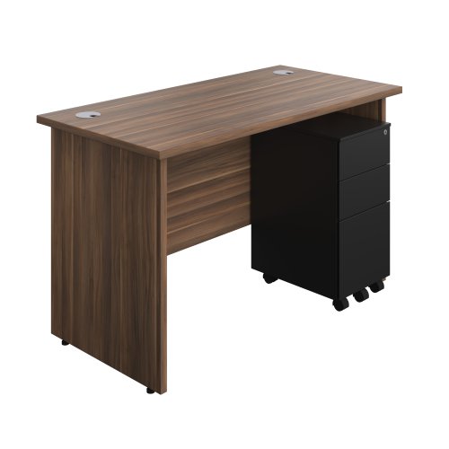 Panel Rectangular Desk + 3 Drawer Slimline Steel Pedestal Bundle 1200X600 Dark Walnut/Black