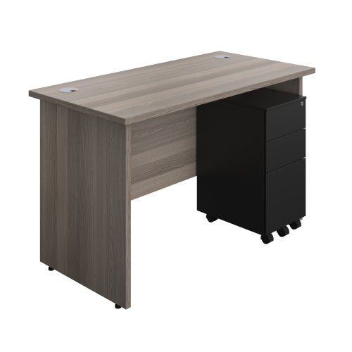 Panel Rectangular Desk + 3 Drawer Slimline Steel Pedestal Bundle 1200X600 Grey Oak/Black