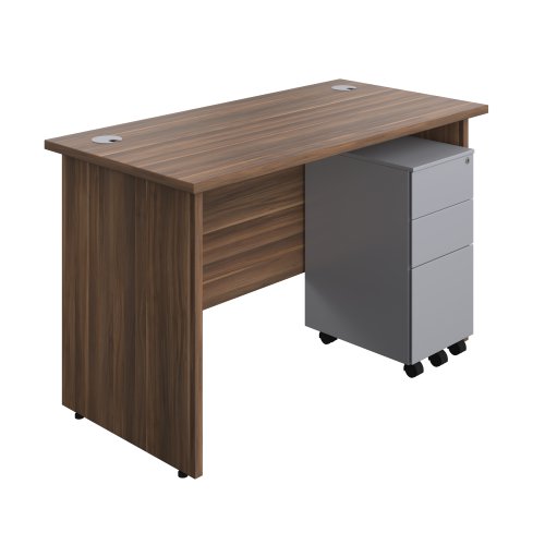 Panel Rectangular Desk + 3 Drawer Slimline Steel Pedestal Bundle 1200X600 Dark Walnut/Silver
