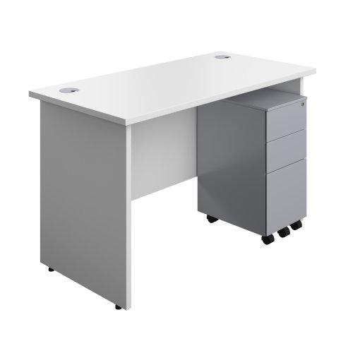 Panel Rectangular Desk + 3 Drawer Slimline Steel Pedestal Bundle 1200X600 White/Silver
