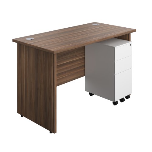 Panel Rectangular Desk + 3 Drawer Slimline Steel Pedestal Bundle 1200X600 Dark Walnut/White