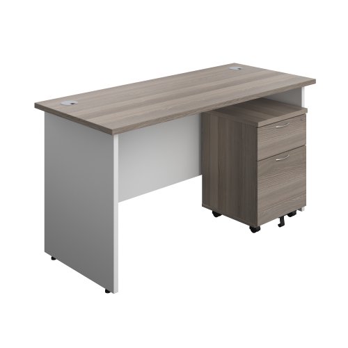 Panel Plus Rectangular Desk + 2 Drawer Mobile Pedestal Bundle (FSC) 1400X600 Grey Oak/White