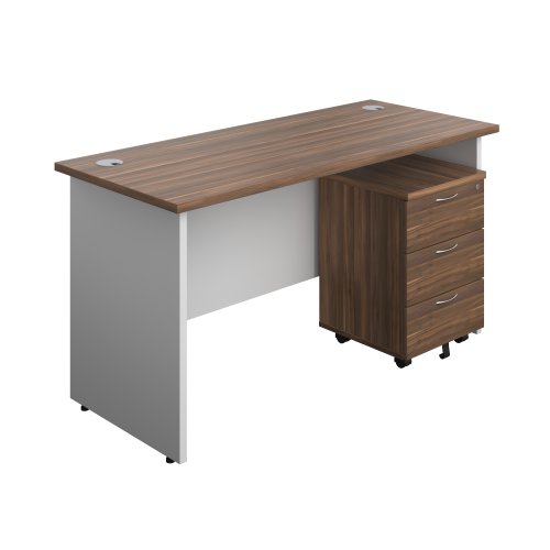 Panel Plus Rectangular Desk + 3 Drawer Mobile Pedestal Bundle (FSC) 1400X600 Dark Walnut/White