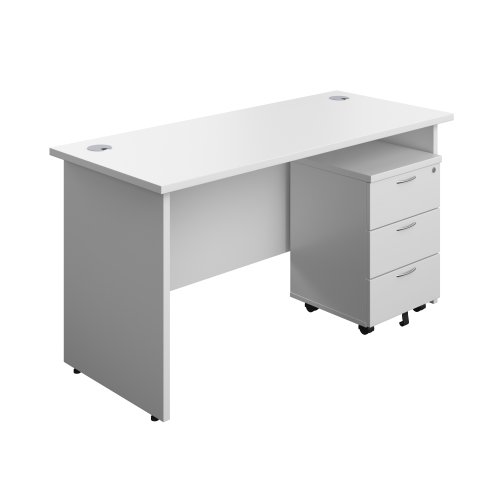 Panel Rectangular Desk + 3 Drawer Mobile Pedestal Bundle (FSC) 1400X600 White/White