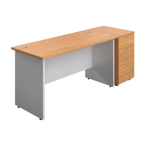 Panel Plus Rectangular Desk + Matching 3 Drawer Desk High Pedestal Bundle (FSC) 600 Pedestal 1400X600 Nova Oak/White