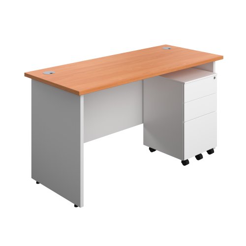 Panel Plus Rectangular Desk + 3 Drawer Steel Pedestal Bundle (FSC) 1400X600 Beech/White