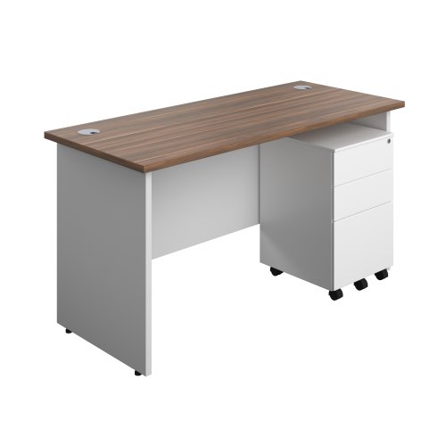 Panel Plus Rectangular Desk + 3 Drawer Steel Pedestal Bundle (FSC) 1400X600 Dark Walnut/White