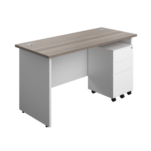 Panel Plus Rectangular Desk + 3 Drawer Steel Pedestal Bundle (FSC) 1400X600 Grey Oak/White