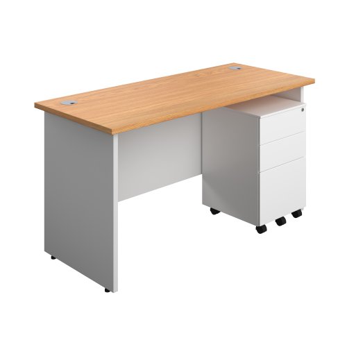 Panel Plus Rectangular Desk + 3 Drawer Steel Pedestal Bundle (FSC) 1400X600 Nova Oak/White