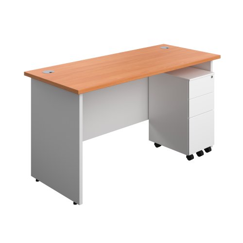 Panel Plus Rectangular Desk + 3 Drawer Slimline Steel Pedestal Bundle (FSC) 1400X600 Beech/White
