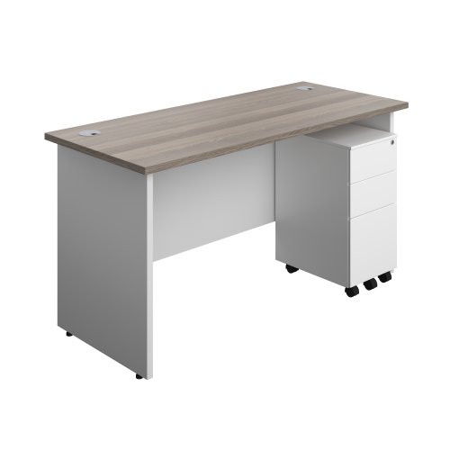 Panel Plus Rectangular Desk + 3 Drawer Slimline Steel Pedestal Bundle (FSC) 1400X600 Grey Oak/White