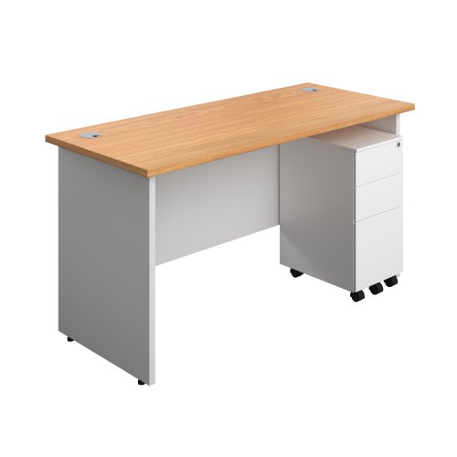 Panel Plus Rectangular Desk + 3 Drawer Slimline Steel Pedestal Bundle (FSC) 1400X600 Nova Oak/White
