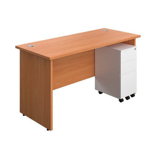 Panel Rectangular Desk + 3 Drawer Slimline Steel Pedestal Bundle (FSC) 1400X600 Beech/White