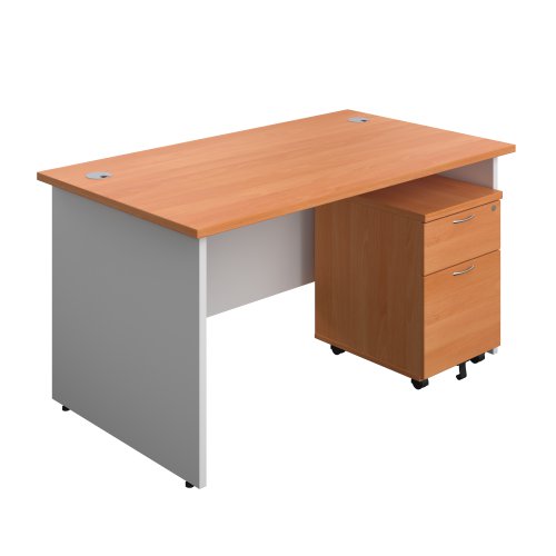 Panel Plus Rectangular Desk + 2 Drawer Mobile Pedestal Bundle (FSC) 1400X800 Beech/White
