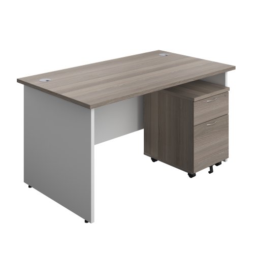 Panel Plus Rectangular Desk + 2 Drawer Mobile Pedestal Bundle (FSC) 1400X800 Grey Oak/White