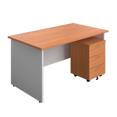 Panel Plus Rectangular Desk + 3 Drawer Mobile Pedestal Bundle (FSC) 1400X800 Beech/White