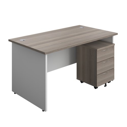 Panel Plus Rectangular Desk + 3 Drawer Mobile Pedestal Bundle (FSC) 1400X800 Grey Oak/White
