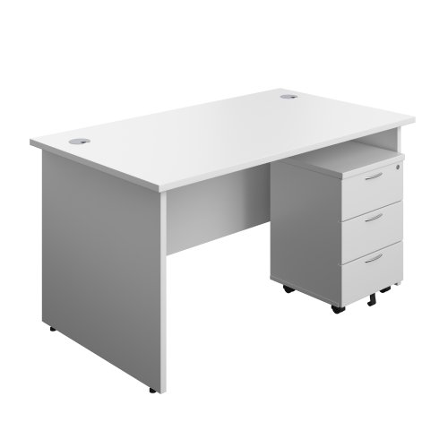 Panel Rectangular Desk + 3 Drawer Mobile Pedestal Bundle 1400X800 White/White