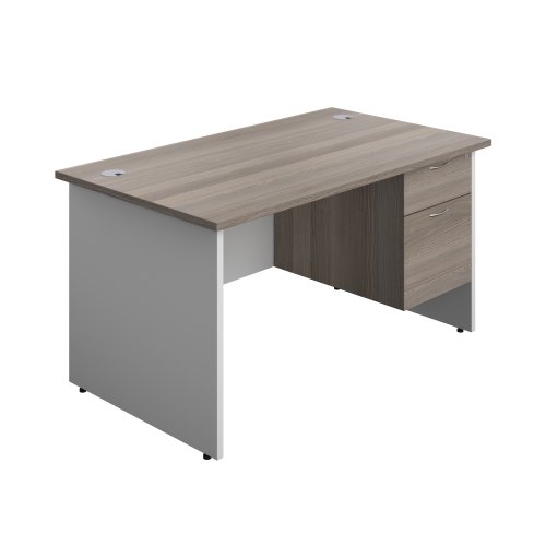 Panel Plus Rectangular Desk + 2 Drawer Fixed Pedestal Bundle (FSC) 1400X800 Grey Oak/White