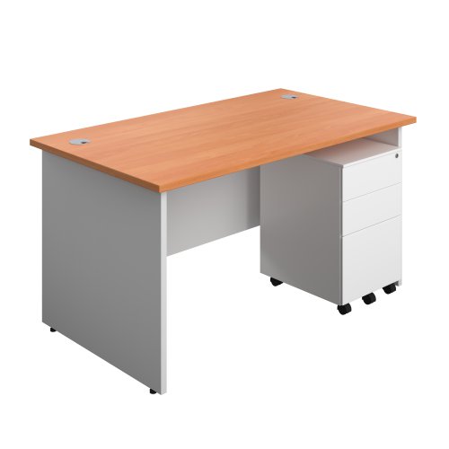 Panel Plus Rectangular Desk + 3 Drawer Steel Pedestal Bundle (FSC) 1400X800 Beech/White
