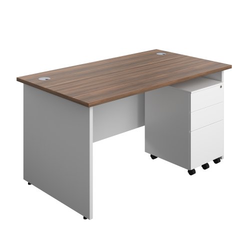 Panel Plus Rectangular Desk + 3 Drawer Steel Pedestal Bundle (FSC) 1400X800 Dark Walnut/White