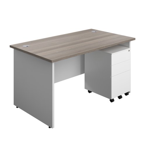 Panel Plus Rectangular Desk + 3 Drawer Steel Pedestal Bundle (FSC) 1400X800 Grey Oak/White
