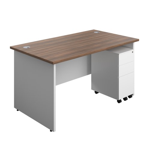 Panel Plus Rectangular Desk + 3 Drawer Slimline Steel Pedestal Bundle (FSC) 1400X800 Dark Walnut/White