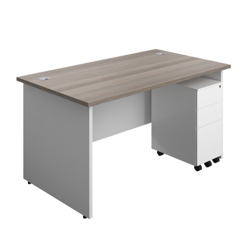 Panel Plus Rectangular Desk + 3 Drawer Slimline Steel Pedestal Bundle (FSC) 1400X800 Grey Oak/White