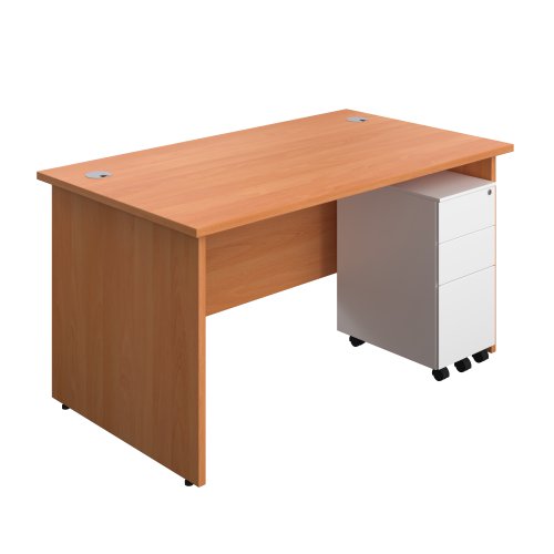 Panel Rectangular Desk + 3 Drawer Slimline Steel Pedestal Bundle (FSC) 1400X800 Beech/White