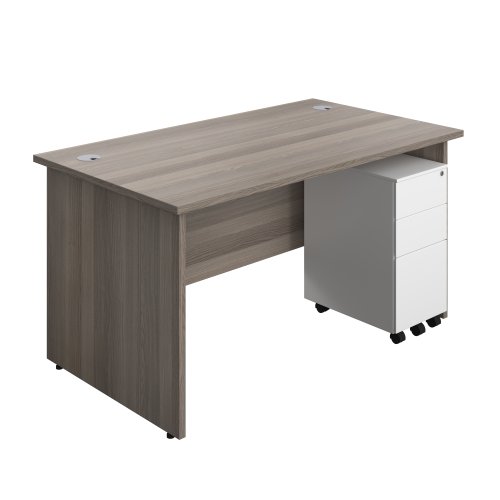 Panel Rectangular Desk + 3 Drawer Slimline Steel Pedestal Bundle (FSC) 1400X800 Grey Oak/White