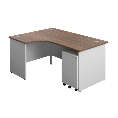Panel Plus Left Radial Desk + 3 Drawer Steel Mobile Pedestal Bundle (FSC) 1600X1200 Dark Walnut/White
