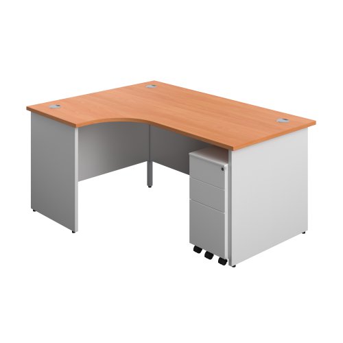 Panel Plus Left Radial Desk + 3 Drawer White Slimline Steel Mobile Pedestal Bundle