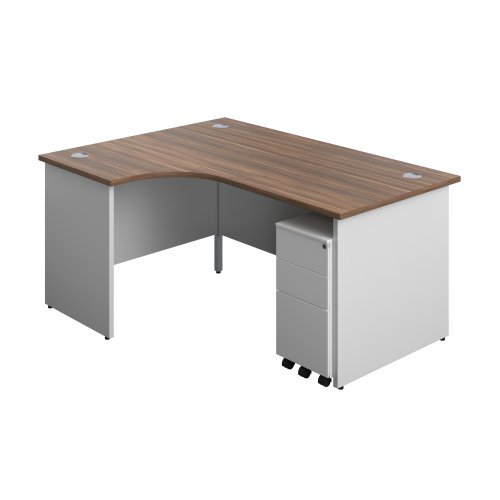 Panel Plus Left Radial Desk + 3 Drawer White Slimline Steel Mobile Pedestal Bundle (FSC) 1600X1200 Dark Walnut/White