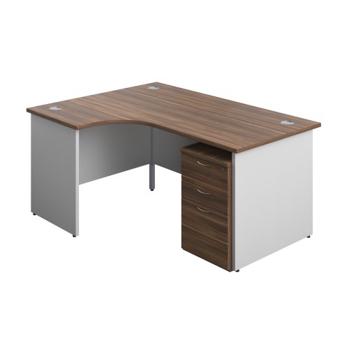 Panel Plus Left Radial Desk + 3 Drawer Under Desk Pedestal Bundle (FSC) 1600X1200 Dark Walnut/White