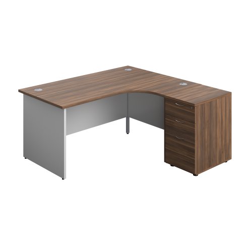 Panel Plus Right Radial Desk + Matching 3 Drawer Desk High Pedestal Bundle (FSC) 600 Pedestal 1600X1200 Dark Walnut/White