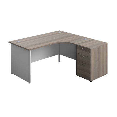 Panel Plus Right Radial Desk + Matching 3 Drawer Desk High Pedestal Bundle (FSC) 600 Pedestal 1600X1200 Grey Oak/White