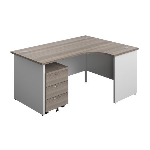Panel Plus Right Radial Desk + 3 Drawer Mobile Pedestal Bundle (FSC) 1600X1200 Grey Oak/White