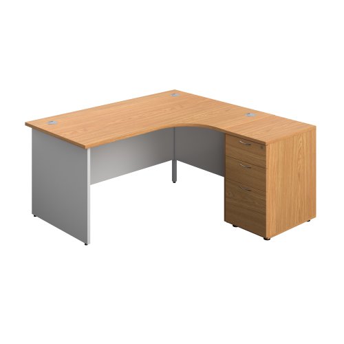 Panel Plus Right Radial Desk + Matching 3 Drawer Desk High Pedestal Bundle (FSC) 600 Pedestal 1600X1200 Nova Oak/White
