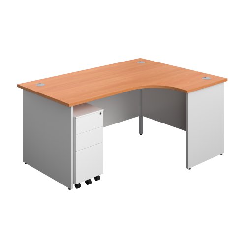 Panel Plus Right Radial Desk + 3 Drawer White Slimline Steel Mobile Pedestal Bundle