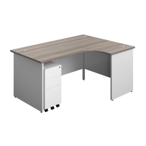 Panel Plus Right Radial Desk + 3 Drawer White Slimline Steel Mobile Pedestal Bundle (FSC) 1600X1200 Grey Oak/White