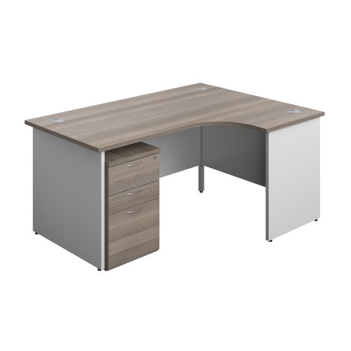 Panel Plus Right Radial Desk + 3 Drawer Under Desk Pedestal Bundle (FSC) 1600X1200 Grey Oak/White
