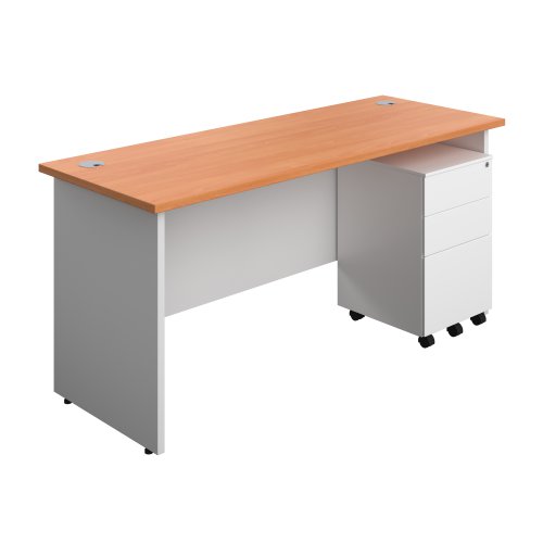 Panel Plus Rectangular Desk + 3 Drawer Steel Pedestal Bundle (FSC) 1600X600 Beech/White