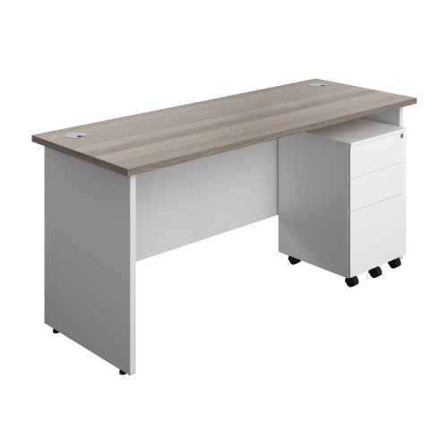 Panel Plus Rectangular Desk + 3 Drawer Steel Pedestal Bundle (FSC) 1600X600 Grey Oak/White